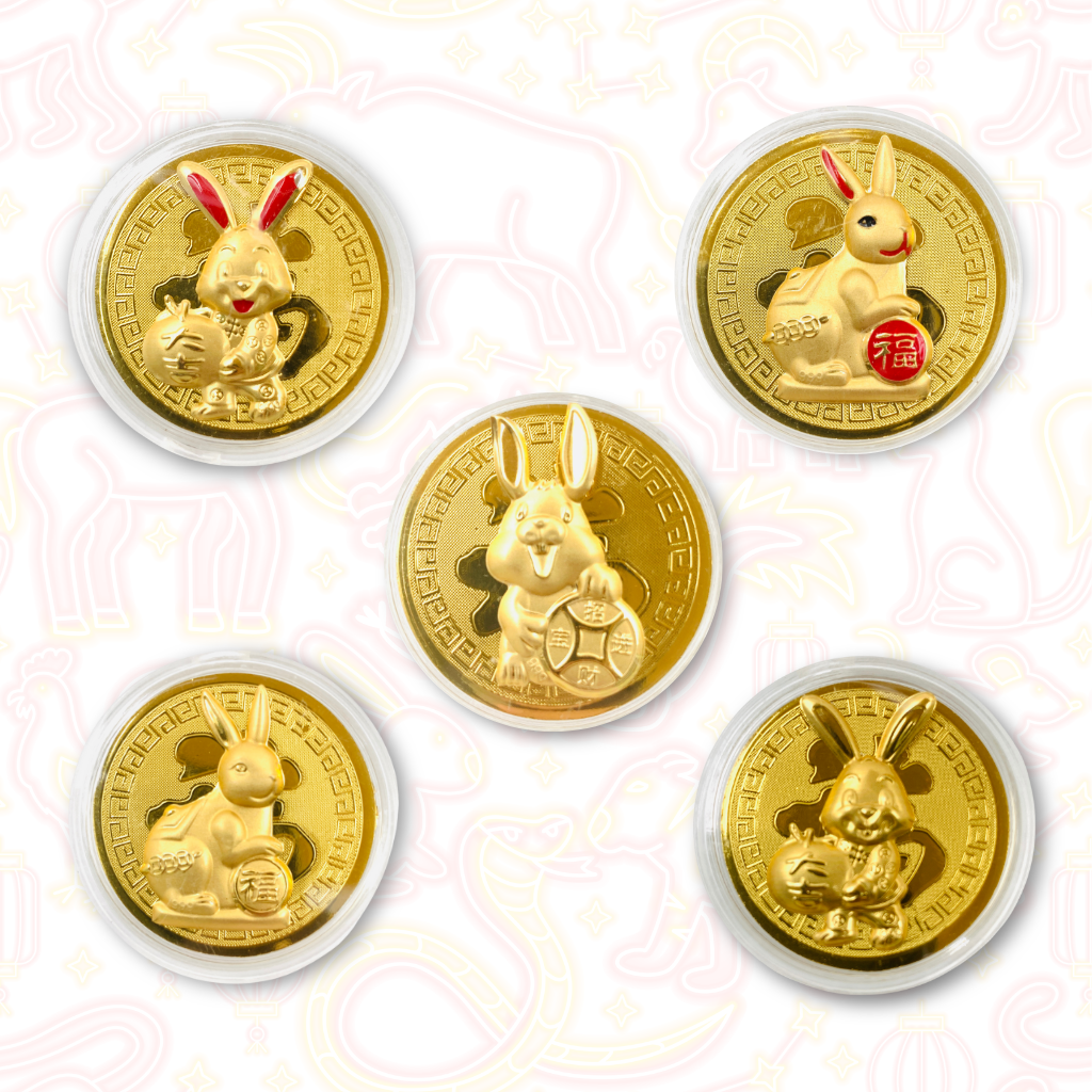 All Five (5) 2023 Water Rabbit Lucky Coin in Wealth Attracting Red Pouch